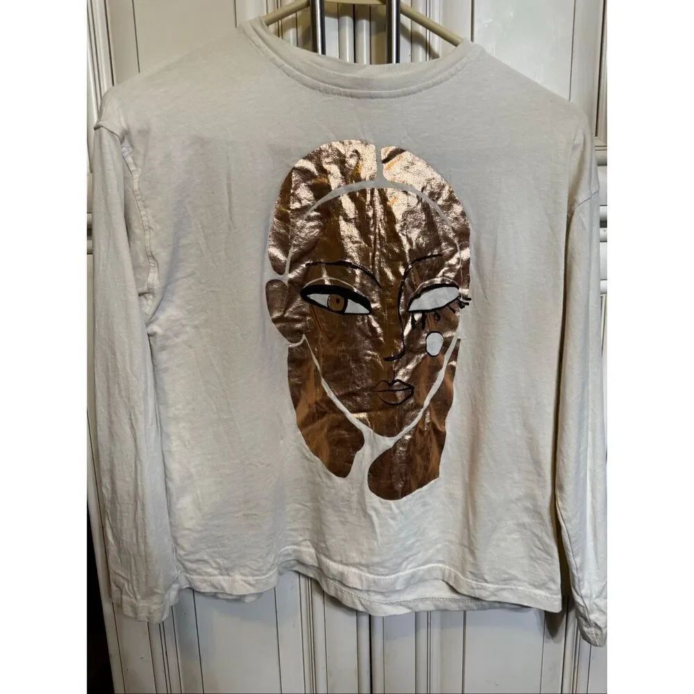 Zara Girls Metallic Gold Face Print Long Sleeve T-Shirt Ivory Gold Size 9-10